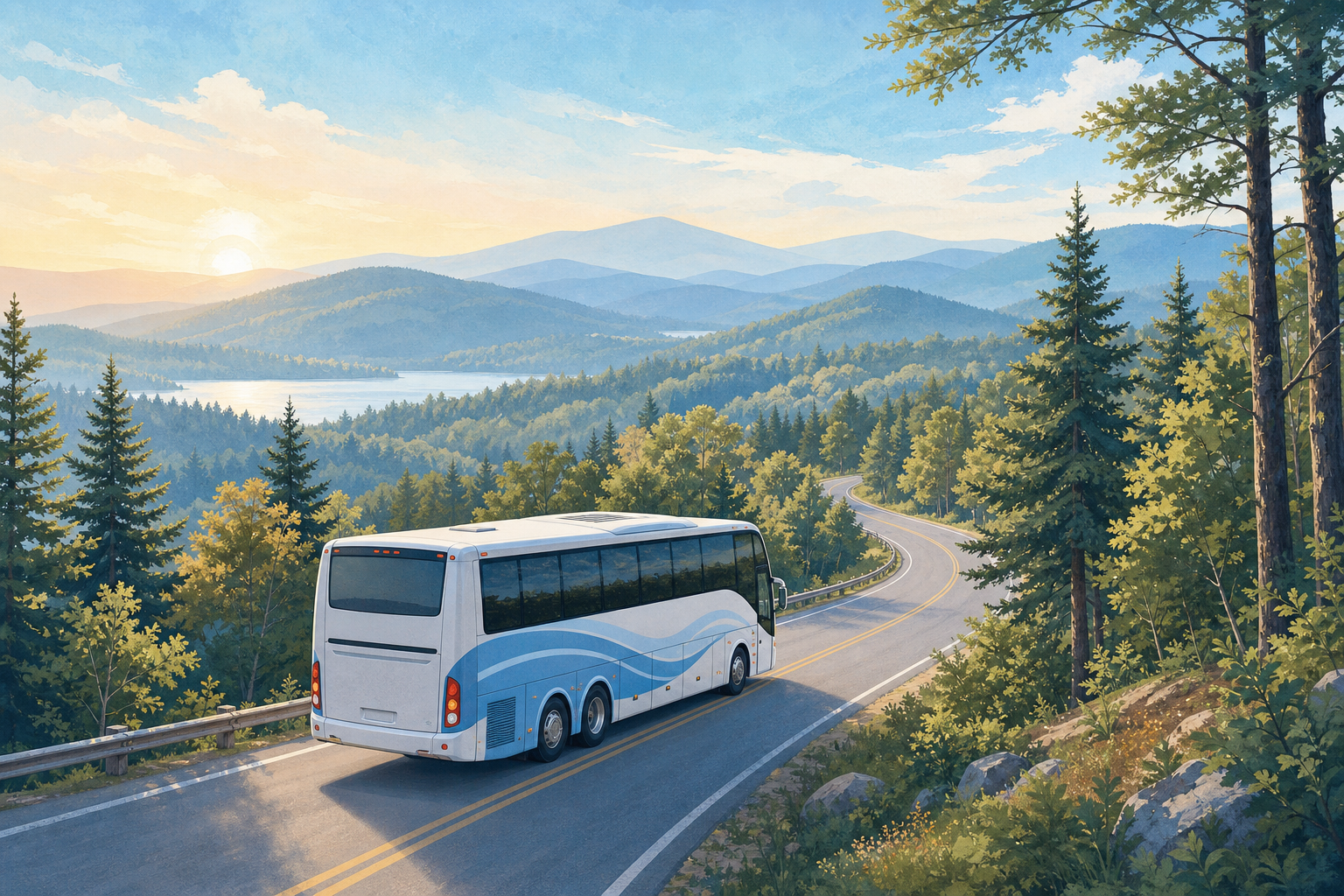 A coach bus travelling through wooded hills toward the retreat